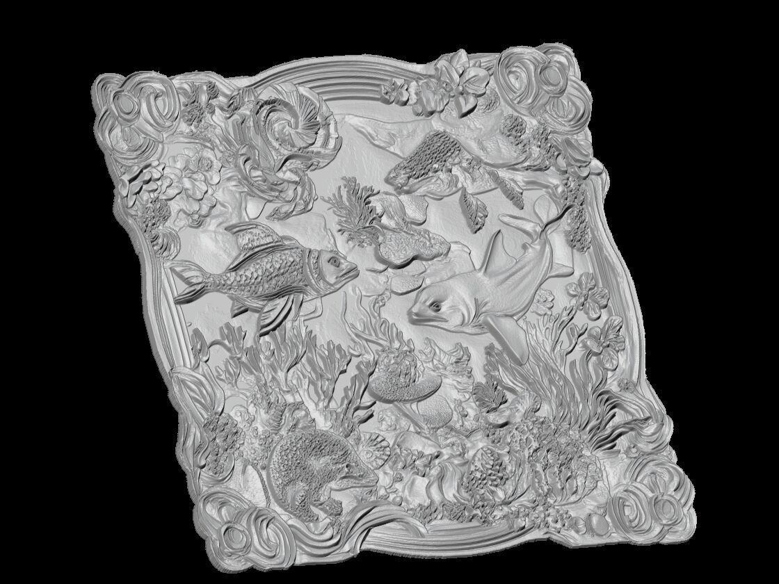 Marine Life Ocean Scene Relief Sculpture 3D print model_3