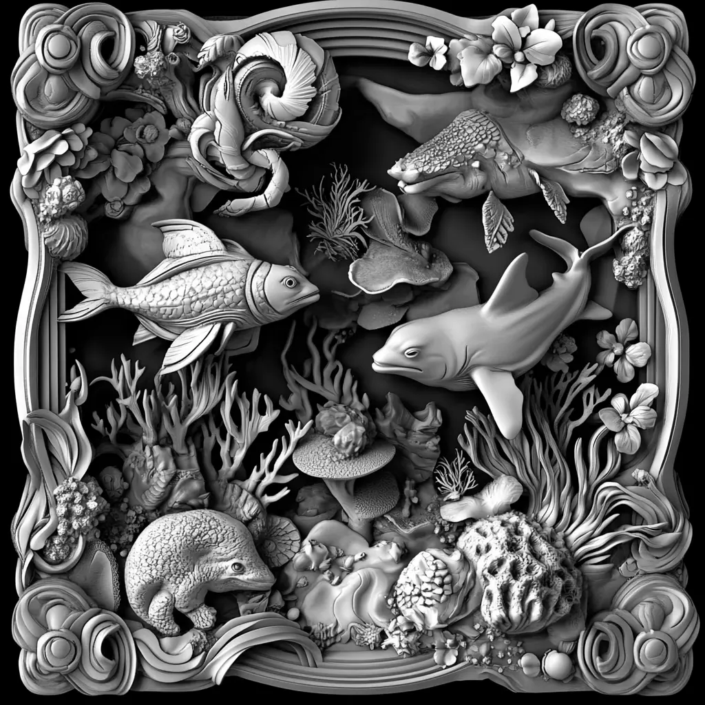 Marine Life Ocean Scene Relief Sculpture 3D print model_0