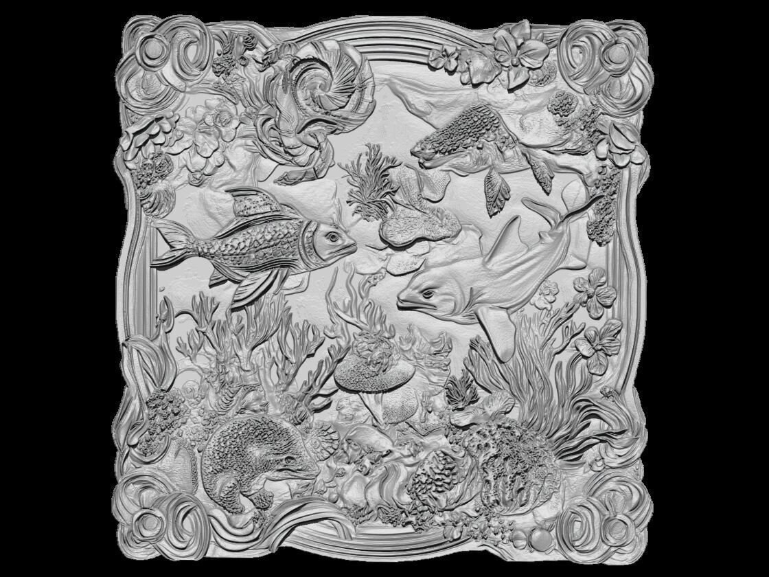 Marine Life Ocean Scene Relief Sculpture 3D print model_1