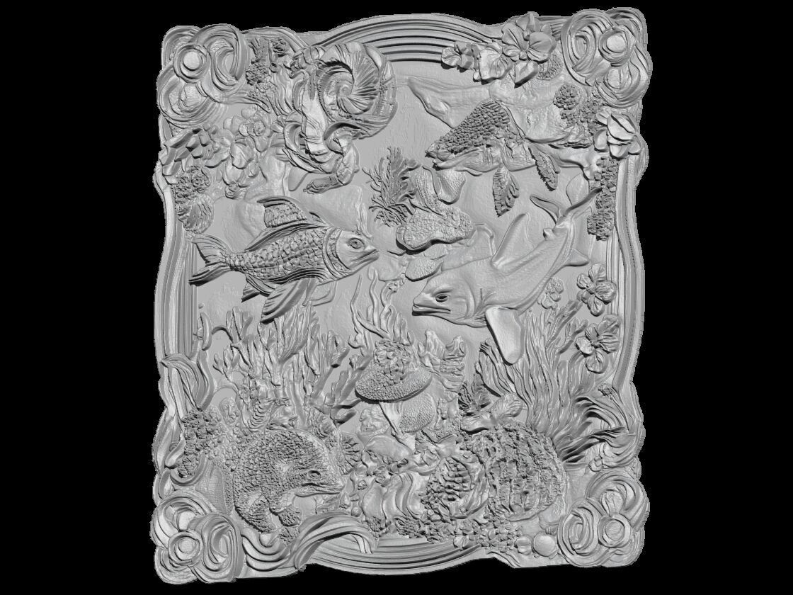 Marine Life Ocean Scene Relief Sculpture 3D print model_4
