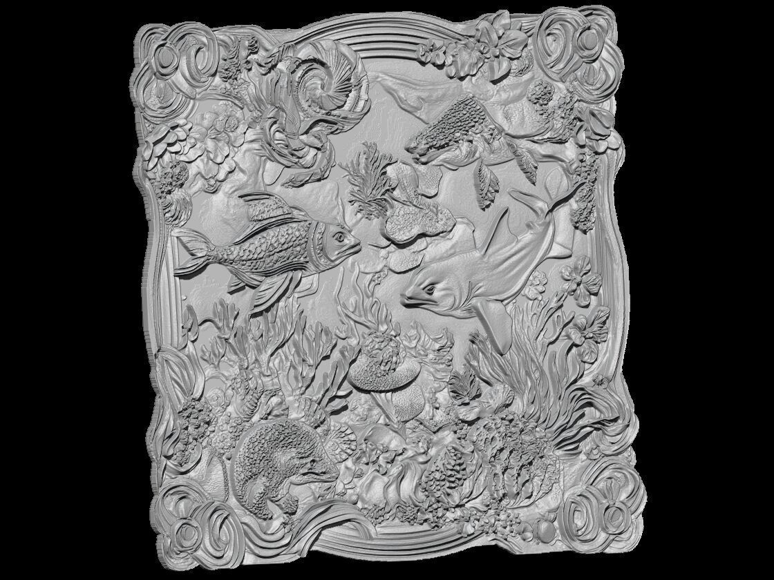 Marine Life Ocean Scene Relief Sculpture 3D print model_5