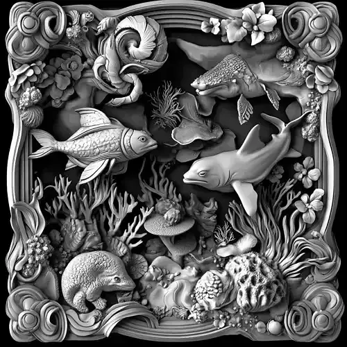 Marine Life Ocean Scene Relief Sculpture 3D print model