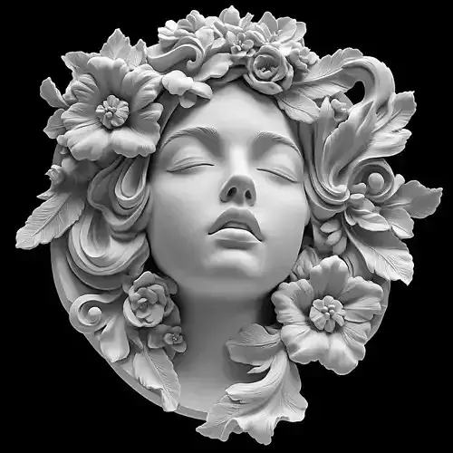 Front-Facing Floral Woman Relief Sculpture
