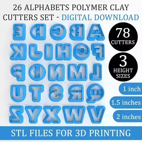 3 Sizes Alphabet Polymer Clay Cutters 78 pieces STL 3D Printing