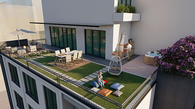 Modern Residential Building Ground Floor Cafe  High Quality 3D 3D model 7