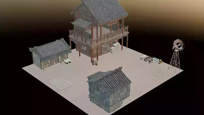 Stylized 3D Farm Environment Traditional Asian Farm Buildings 