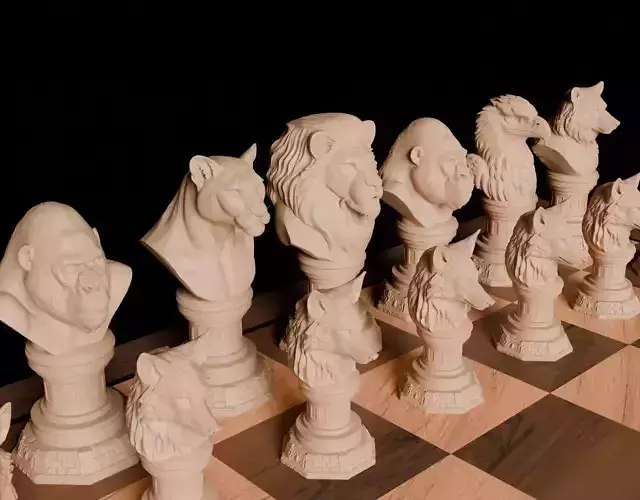 Wild Animal Themed Chess Set  Lion Tiger Bear Gorilla Eagle Wolf 3D print model
