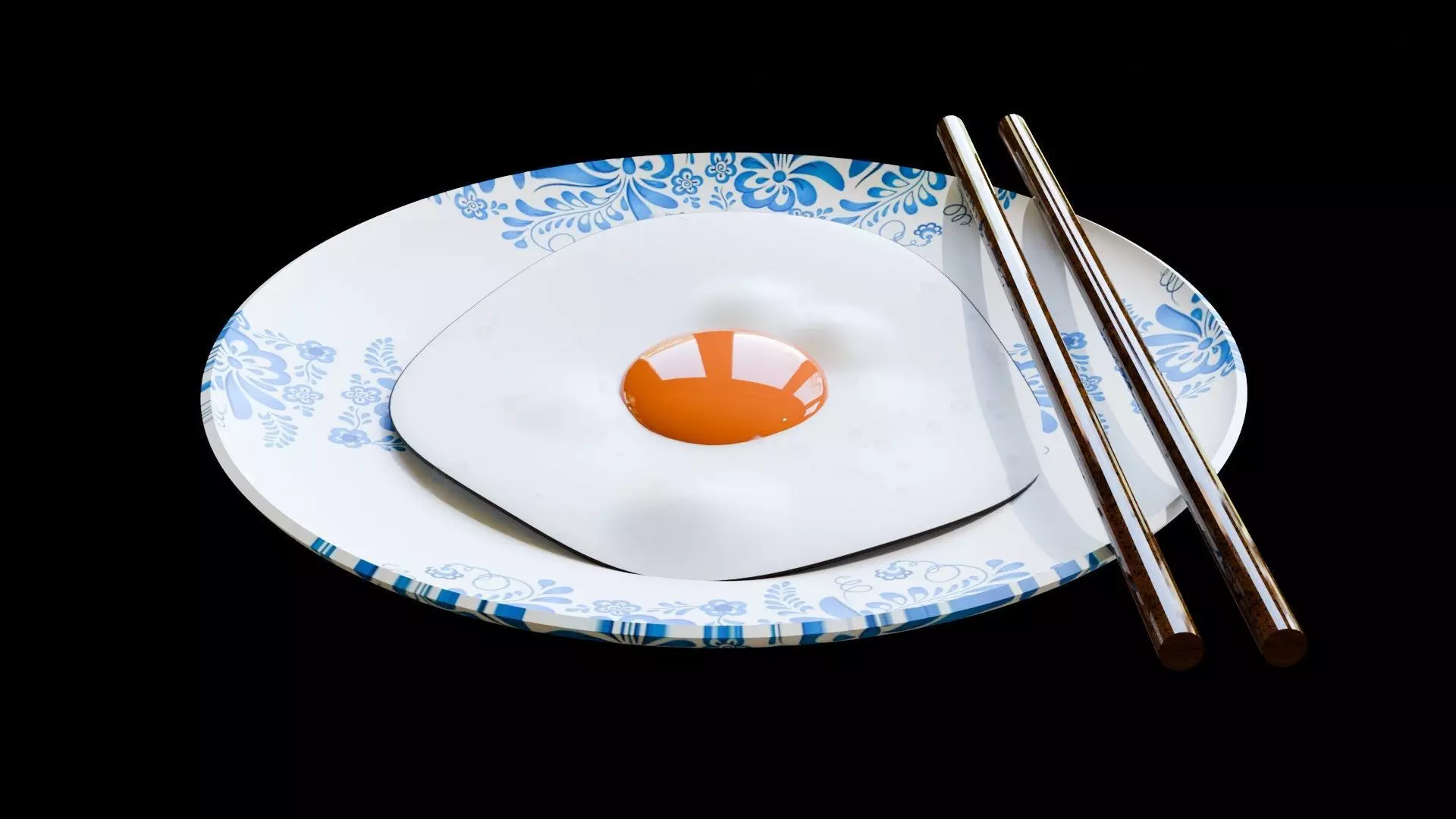 3D fried egg and plate and chop sticks Low-poly 3D model