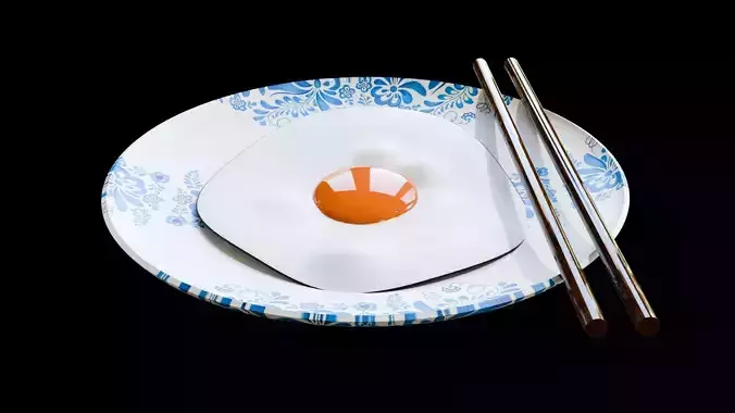 3D  fried egg and plate and chop sticks