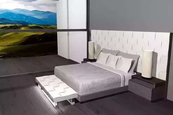 almohadas modern bedroom with mountains Free low-poly 3D model
