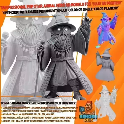 Bearded Wise Owl Wizard Mystic Rock Legend 3D Print Model