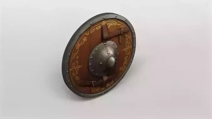 Medieval Round Shield with Ornate Metal Boss and Leather Straps