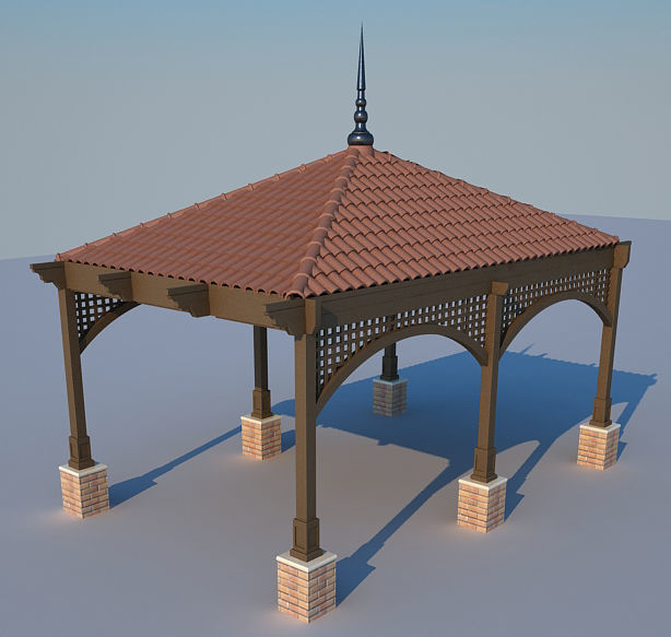 Pergola with roof tiles 3D model_2