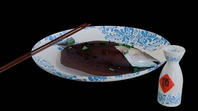 3D  steamed fish and dishware Low-poly 3D model