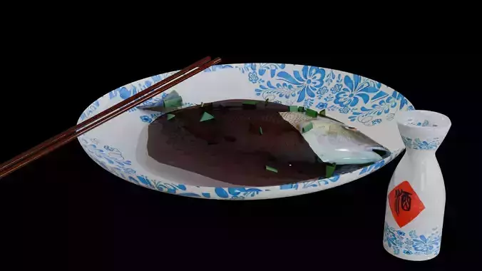 3D  steamed fish and dishware