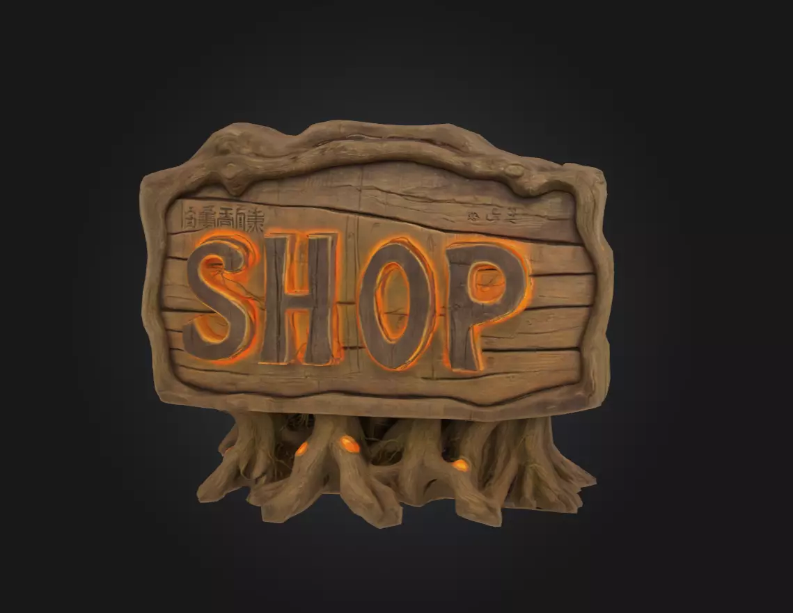 Ancient Wooden Shop Sign with Glowing Runes Low-poly 3D model_0