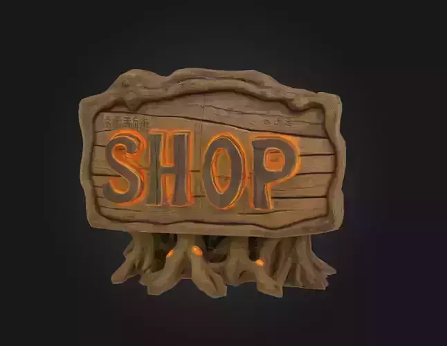Ancient Wooden Shop Sign with Glowing Runes