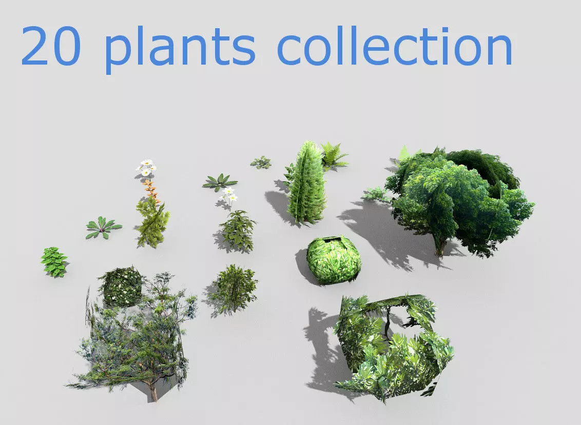 low poly plants collection and trees Low-poly 3D model_0