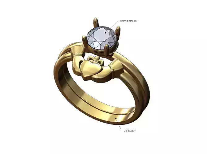 Claddagh heart guard ring 6mm diamond solitaire ring Us size 7