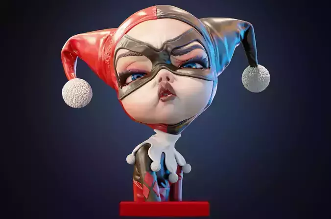 Bust of a naughty little girl in a Harley Quinn clown costume