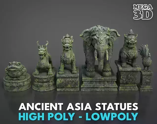 Ancient Asia Stone Statue Pack B - 250602 Low-poly 3D model