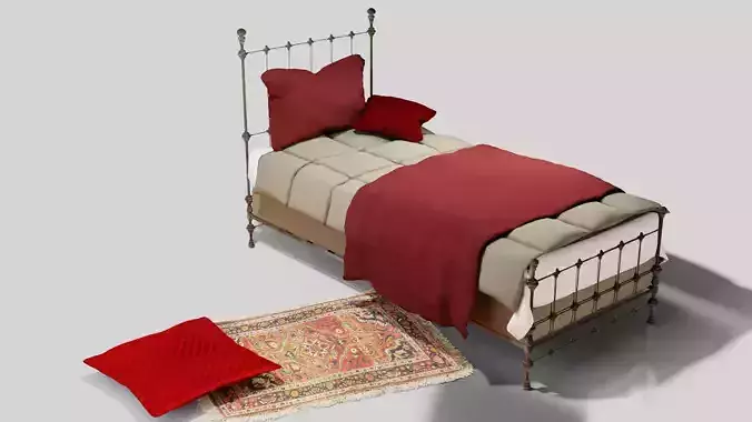 Old rusted metal bed with blankets Low-poly 3D model
