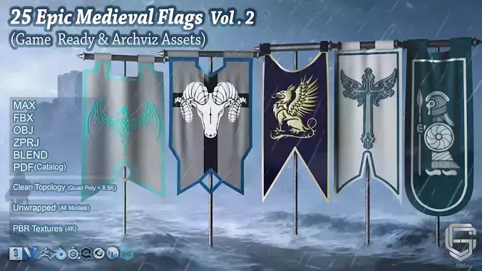 25 Epic Medieval Flags Vol 2 Game Ready and Archviz Assets