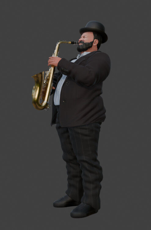Realistic Heavyset Saxophone Player in Suit and Hat 3D print model_7