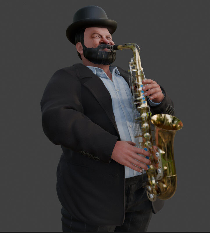 Realistic Heavyset Saxophone Player in Suit and Hat 3D print model_9