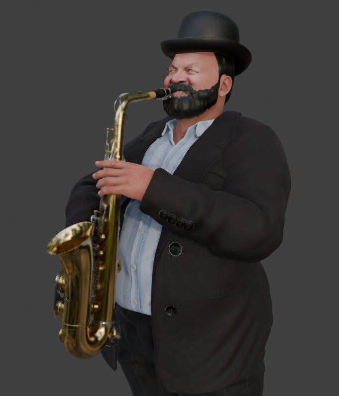 Realistic Heavyset Saxophone Player in Suit and Hat 3D print model_10