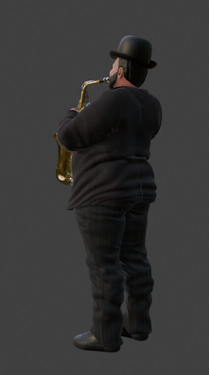 Realistic Heavyset Saxophone Player in Suit and Hat 3D print model_6