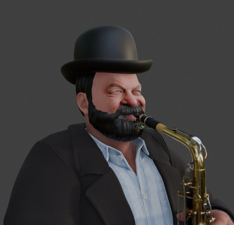 Realistic Heavyset Saxophone Player in Suit and Hat 3D print model_11