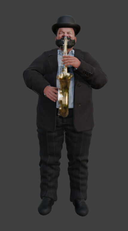 Realistic Heavyset Saxophone Player in Suit and Hat 3D print model_8