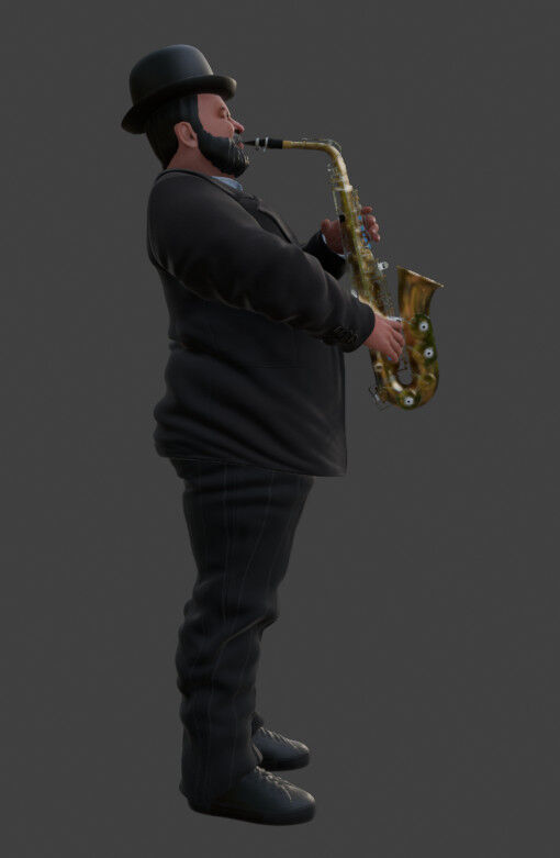 Realistic Heavyset Saxophone Player in Suit and Hat 3D print model_4