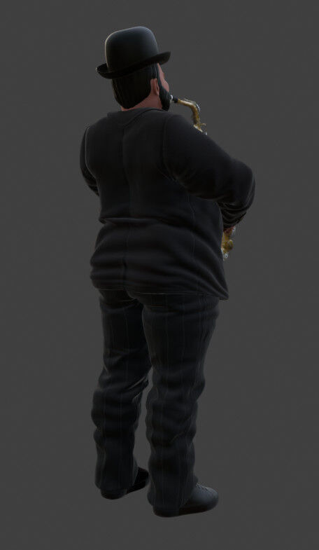 Realistic Heavyset Saxophone Player in Suit and Hat 3D print model_5