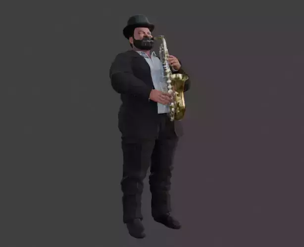 Realistic Heavyset Saxophone Player in Suit and Hat