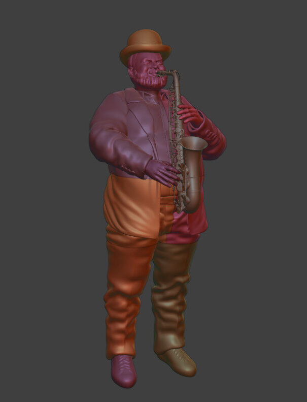 Realistic Heavyset Saxophone Player in Suit and Hat 3D print model_1