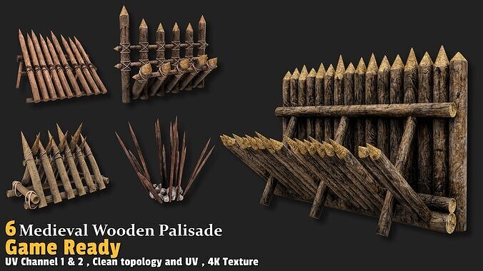 6 Medieval Wooden Palisade Game-Ready Pack 3D model