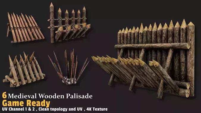 6 Medieval Wooden Palisade Game-Ready Pack