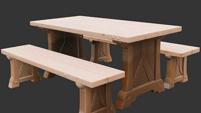 Wooden Farmhouse Table Set Low-poly 3D model