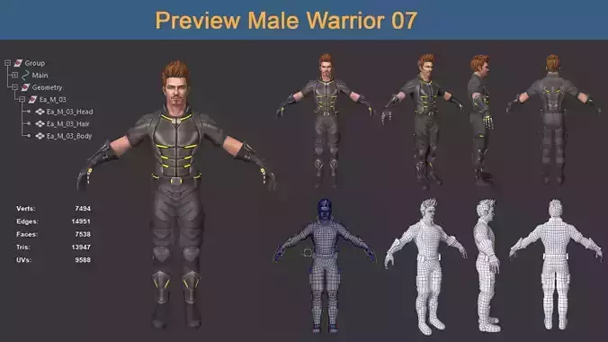 Character Male Warriors 07 - Ready for game Low-poly 3D model