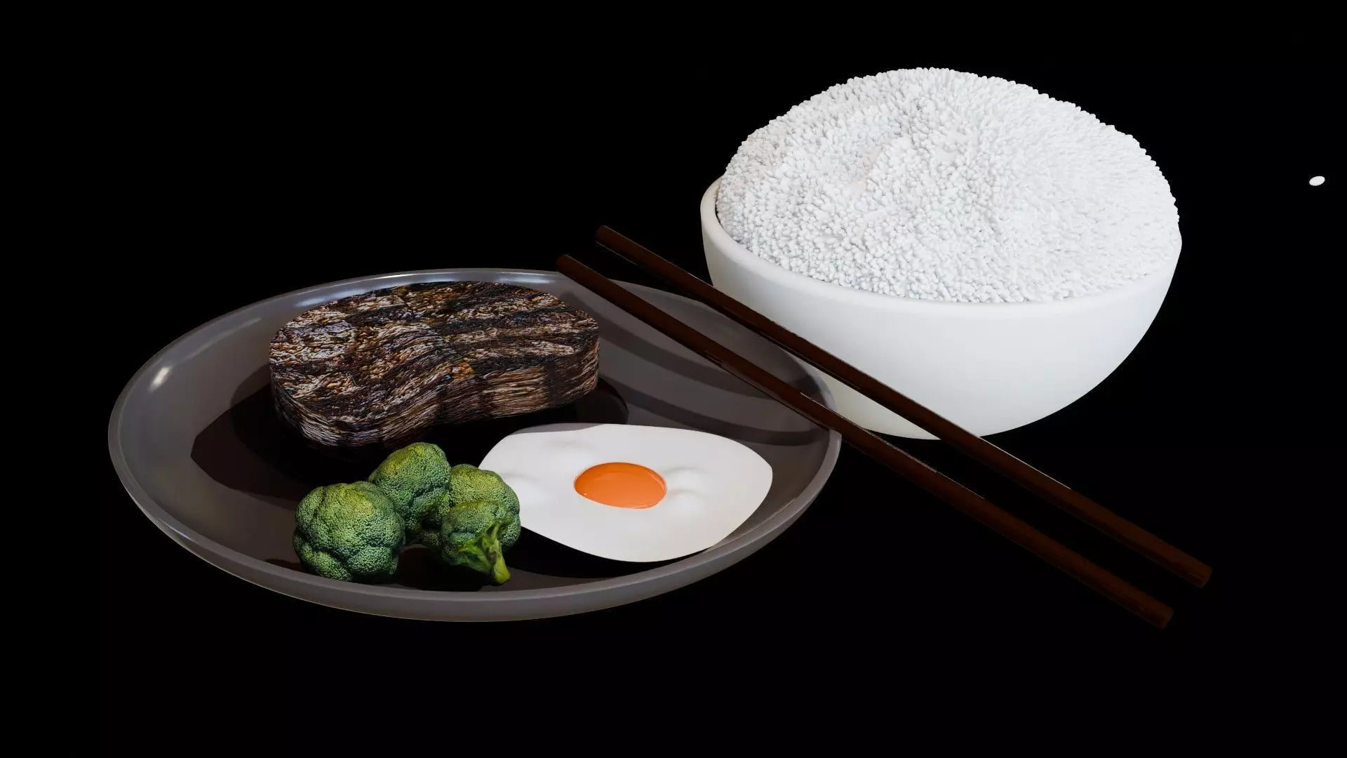 Delicious steak broccoli egg and rice 3D model