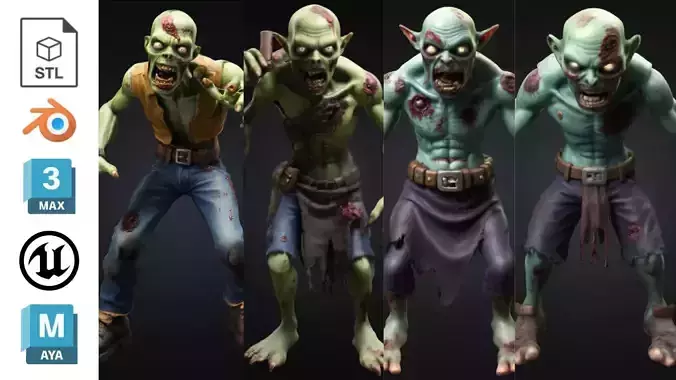 Pack of 4 Stylized Cartoon Zombies 3D Model Collection