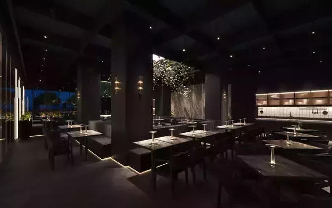 Luxury Restaurant Night Scene Black Interior 3ds Max Corona