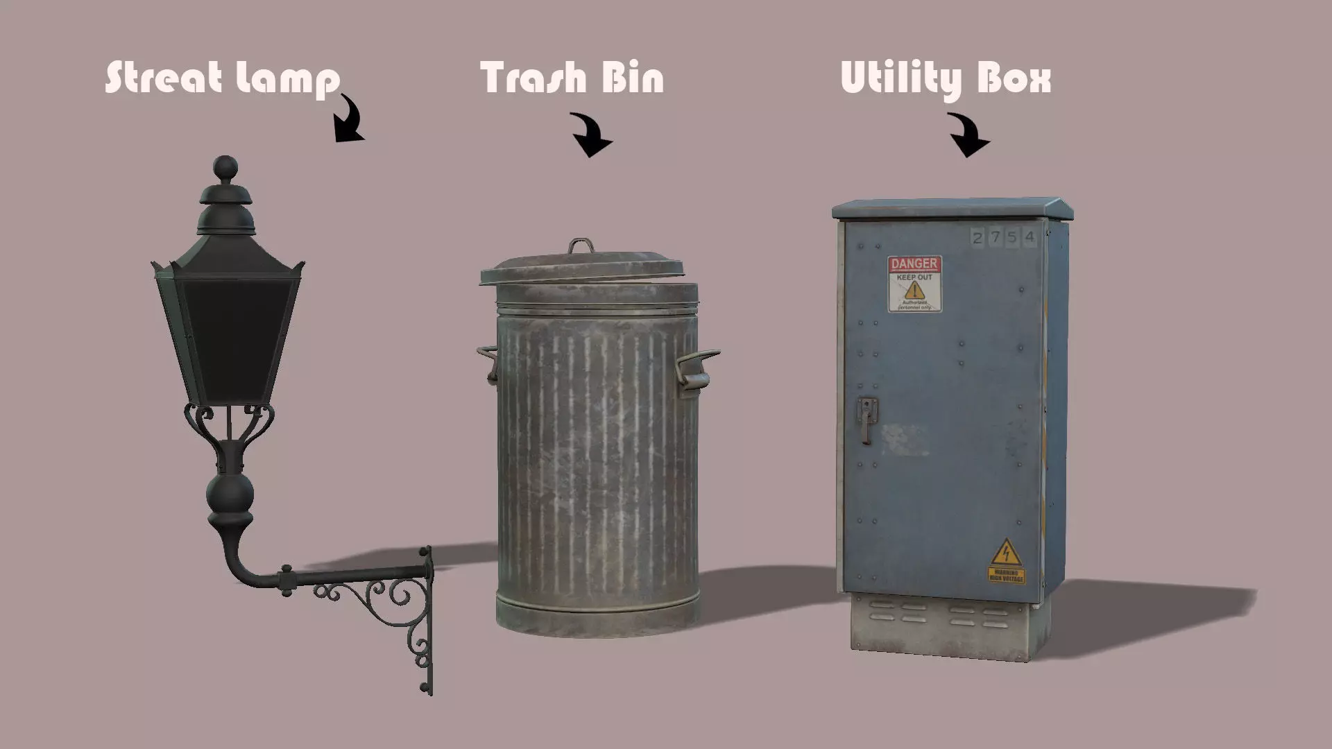 Urban Street Props Pack Utility Box Trash Bin Street Lamp Low-poly 3D model