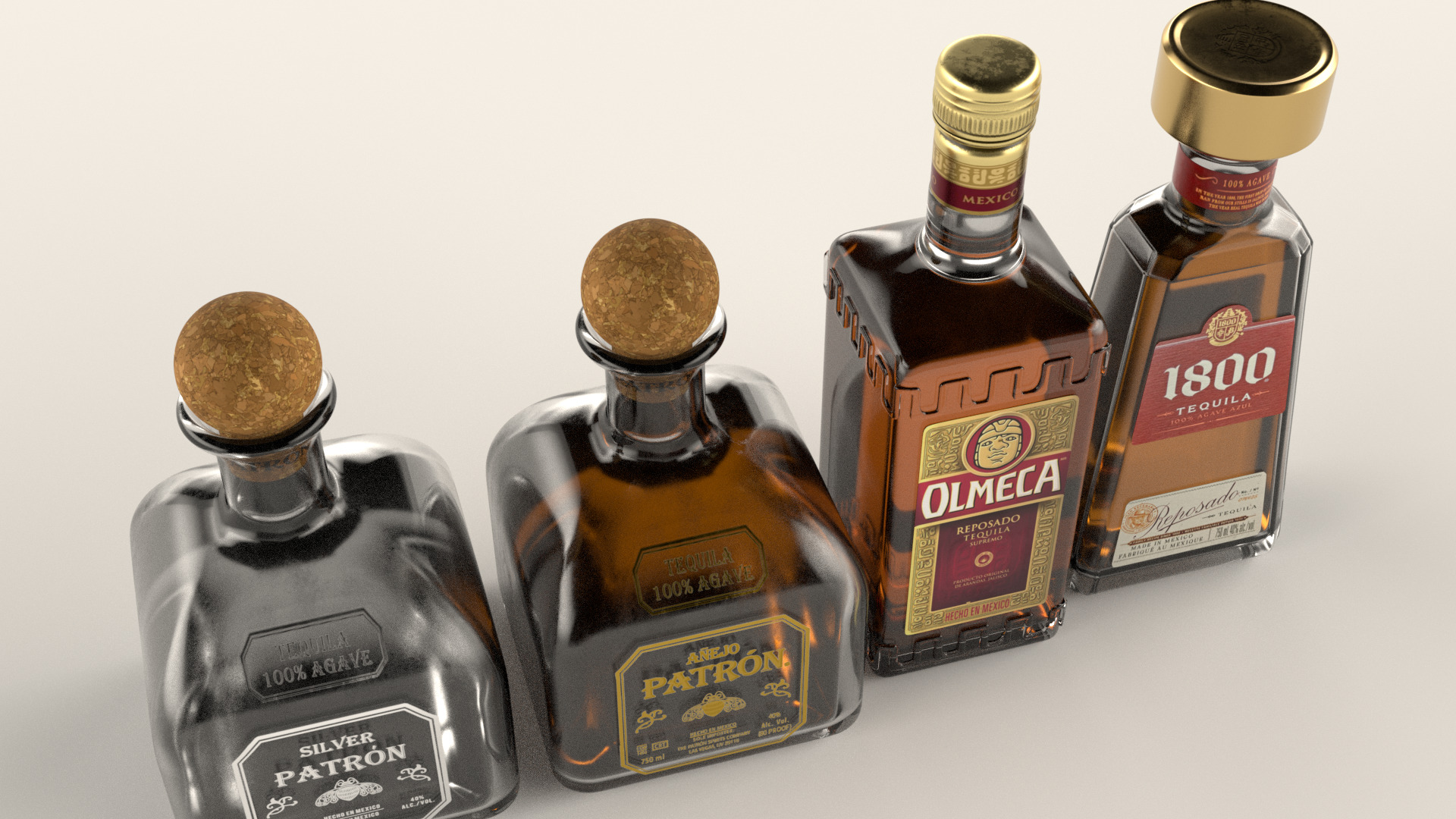 4 Tequila Alcohol Bottles Patron Olmeca 1800 Low-poly 3D model_2