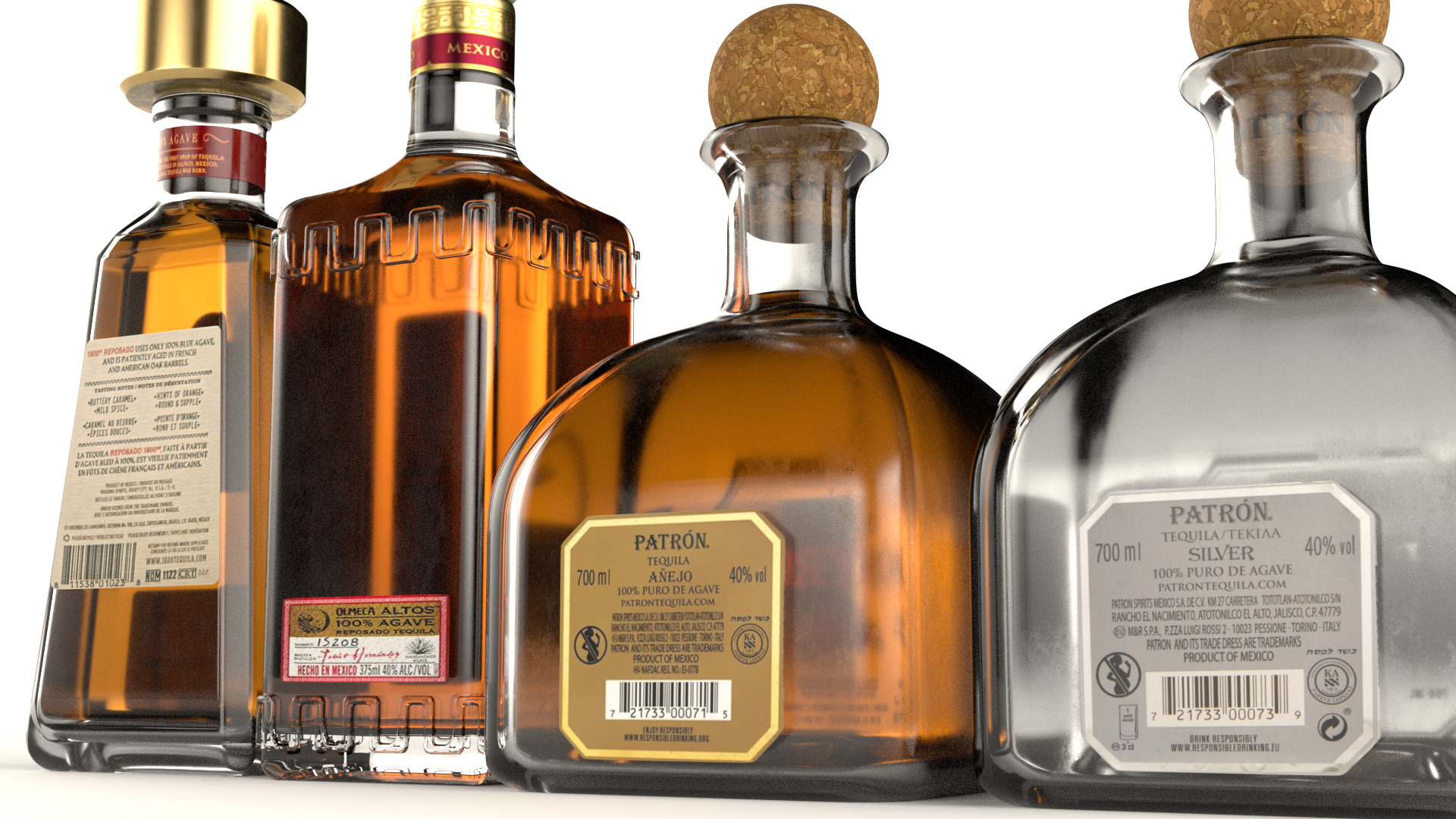 4 Tequila Alcohol Bottles Patron Olmeca 1800 Low-poly 3D model_5