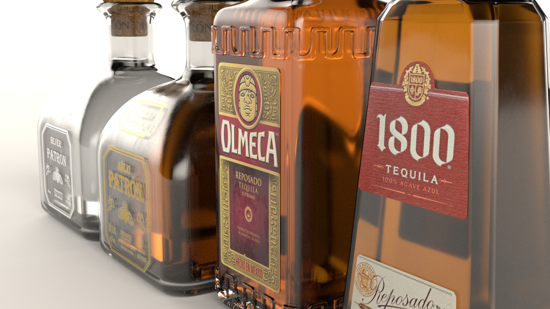 4 Tequila Alcohol Bottles Patron Olmeca 1800 Low-poly 3D model_3
