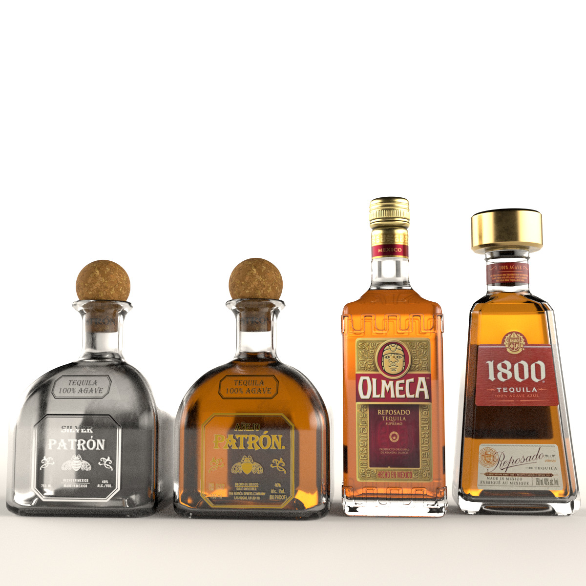 4 Tequila Alcohol Bottles Patron Olmeca 1800 Low-poly 3D model_1