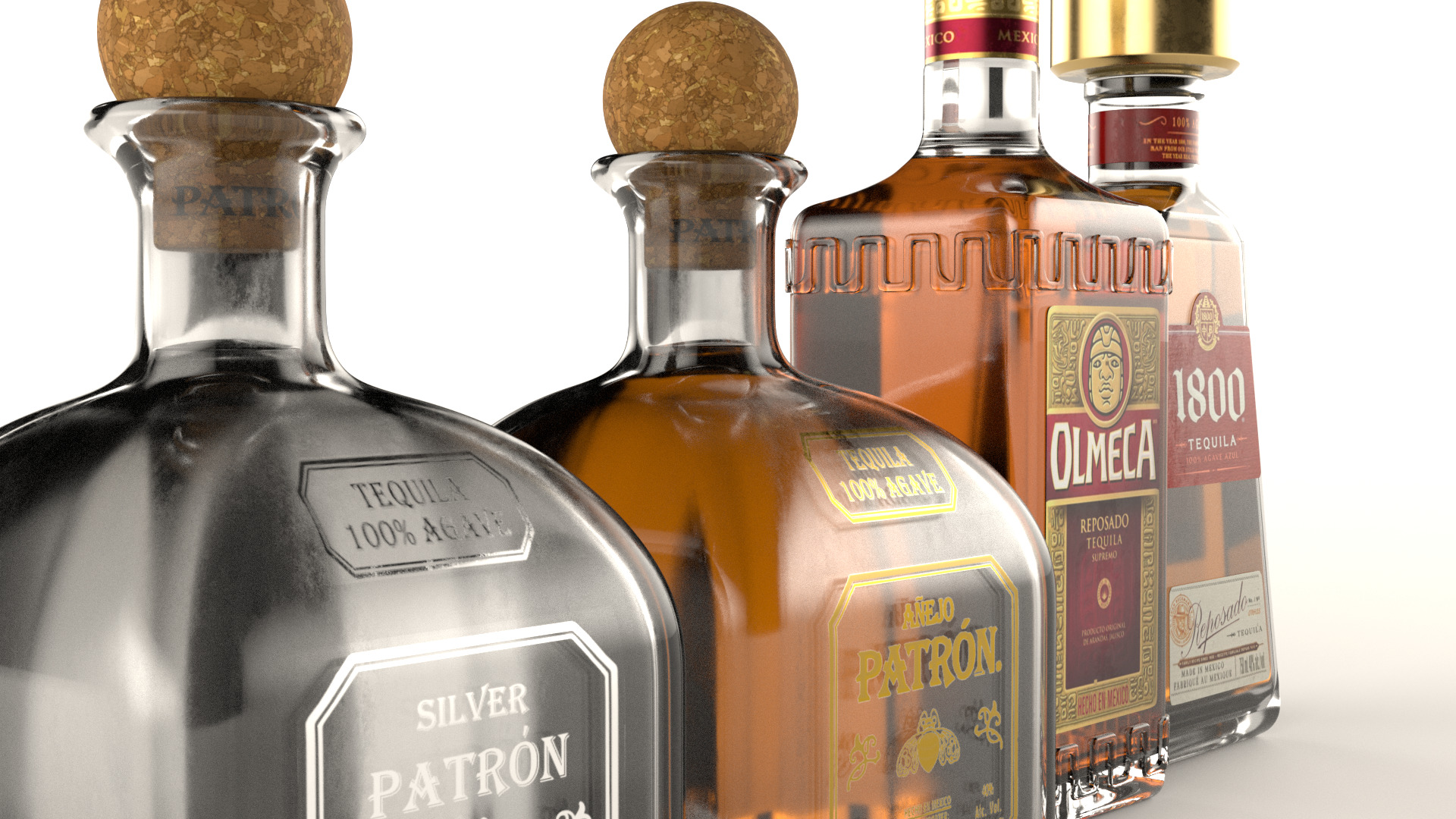 4 Tequila Alcohol Bottles Patron Olmeca 1800 Low-poly 3D model_4